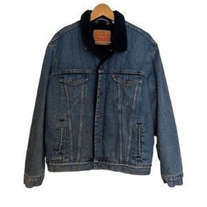 Levi's Denim Trucker Jacket Sherpa Lined Navy Blue Size Large